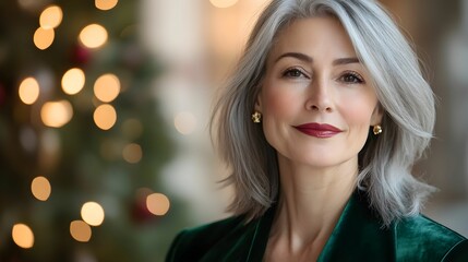 kobieta europejska, siwe włosy, świąteczny portret, zielona welwetowa kurtka, elegancki makijaż, świąteczna atmosfera, subtelna biżuteria, dojrzała kobieta, zimowa estetyka, świąteczny klimat, delikat