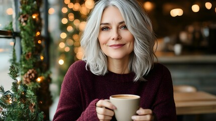 świąteczny portret, kobieta europejska, siwe włosy, bordowy sweter, świąteczna kawiarnia, ciepłe światło, świąteczna atmosfera, delikatny makijaż, uśmiech, kawa, zimowy klimat, świąteczna dekoracja, b