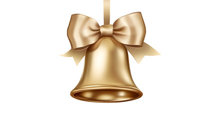 Christmas Golden Bell with Bow Isolated on White Transparent Background, PNG Element. Christmas decoration tree ornament