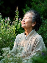 Naklejka premium Elderly woman embraces nature's serenity while meditating in a peaceful garden setting