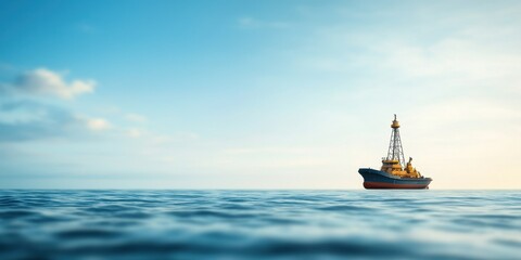 Obraz premium A striking oil rig stands majestically on calm ocean waters under a bright sky.