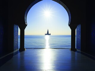 Fototapeta premium Serene Silhouette of Mosque Against Tranquil Sea