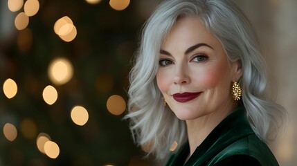 kobieta europejska, siwe włosy, świąteczny portret, zielona welwetowa kurtka, elegancki makijaż, świąteczna atmosfera, subtelna biżuteria, dojrzała kobieta, zimowa estetyka, świąteczny klimat, delikat