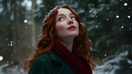 świąteczny portret, kobieta europejska, długie rude włosy, zielony płaszcz, zimowy las, śnieżne tło, czerwony szalik, świąteczna atmosfera, naturalny makijaż, uśmiech, zimowy styl, europejska elegancj