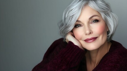 świąteczny portret, kobieta dojrzała, siwe włosy, bordowy sweter, minimalistyczne tło, szare tło, świąteczna elegancja, luksusowy styl, delikatny makijaż, subtelny uśmiech, minimalistyczny wygląd, ele