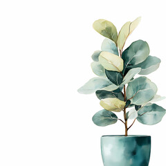 ficus in modern pot on white background, watercolor illustration, social poster