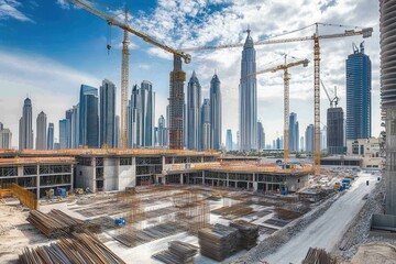 Construction site in Dubai with cranes and skyscrapers