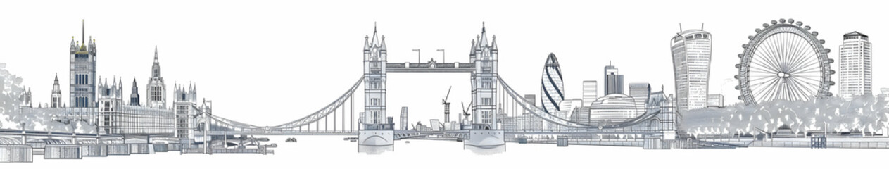 A line drawing of the London skyline, featuring the Tower Bridge