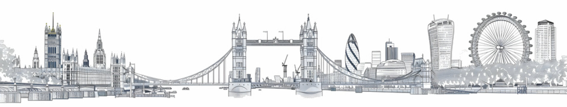 A line drawing of the London skyline, featuring the Tower Bridge