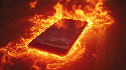 Fototapeta premium Realistic smartphone screen mockup on a wooden table, Smartphone on fire with flames on wooden surface