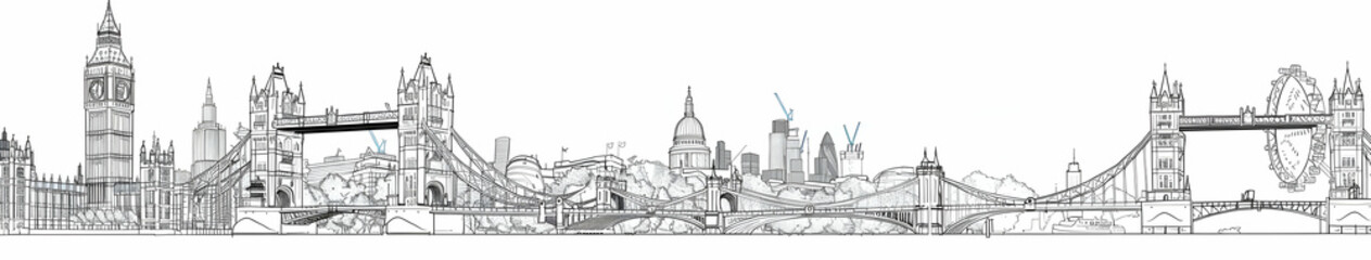 line drawing of the London skyline, featuring the Tower Bridge