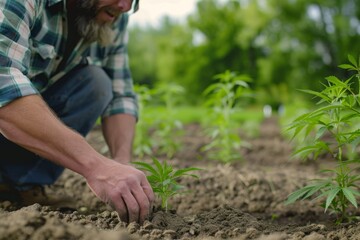Fototapeta premium Hemp Farmer Tending to Soil Quality in Green Field