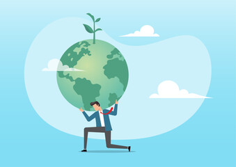 businessman in atlas pose carrying green globe with seedling plant on his shoulder.