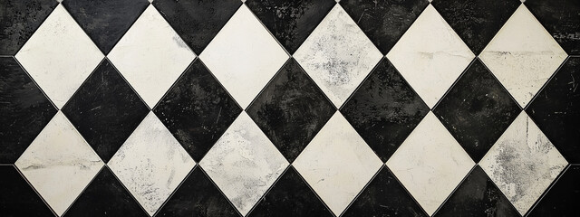 Classic Black and White Diamond Checkered Pattern with Vintage Texture for Retro Designs