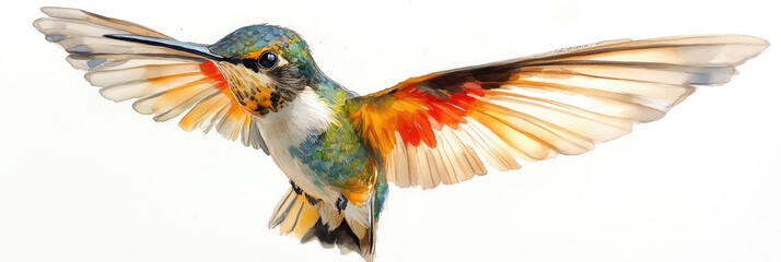 Obraz premium A vibrant hummingbird flits in the air, showcasing its strikingly colored feathers against a plain background while seeking nectar from flowers