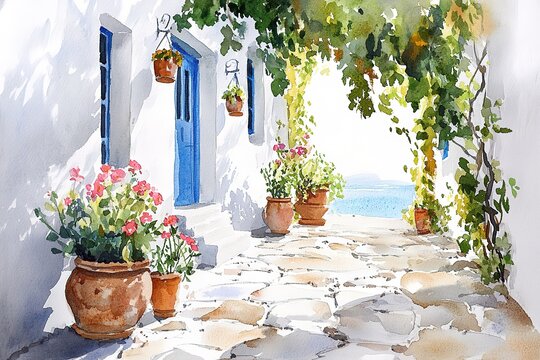 hand drawn watercolor painting of Greek house. architecture painting with building, house, stairs, blue door, white wall, house plants, alley, bougainvillea flowers and sunny sky
