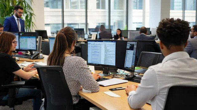 A management consultant working on process optimization with a diverse team in a modern office.