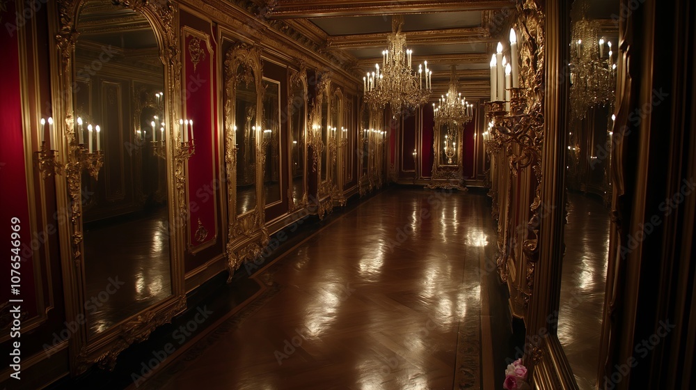 Poster hall of mirrors with gilded frames and candlelight reflections