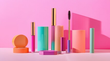 Fototapeta premium Colorful Beauty Products on Vibrant Pink Background