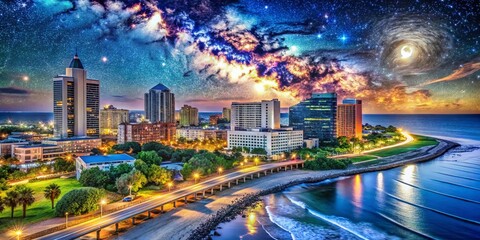 Fototapeta premium Stunning Night Photography of the Carolinas: Capturing the Starry Skies and City Lights over North and South Carolina's Scenic Landscapes and Coastal Views