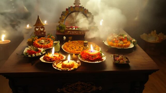 Camera pans across d&iacute;a de los muertos altars with candles, food, and photos, back lit, smoke curls in the air
