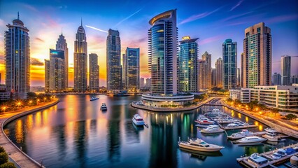 Fototapeta premium Stunning Panorama of Dubai Marina at Dusk with Skyscrapers Illuminated and a Serene Waterway, Perfectly Composed for Travel Enthusiasts and Urban Architecture Lovers
