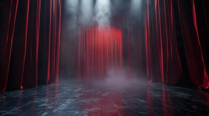 Dramatic Stage with Red Curtains and Foggy Atmosphere