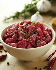 Prepare delicious dishes with fresh cut raw meat in a bowl for gourmet cooking