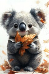 Obraz premium Cartoon koala, watercolor style, holding a leaf, white background