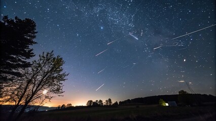 A stellar expanse filled with shooting stars streaking across the velvet blackness of a midnight sky, cosmic, vast, radiant, mysterious