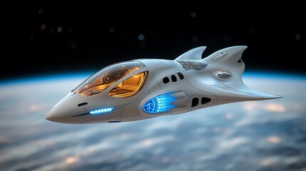  The futuristic spacecraft model features a sleek, aerodynamic design accented with blue illuminated elements that give it a sleek, modern look
