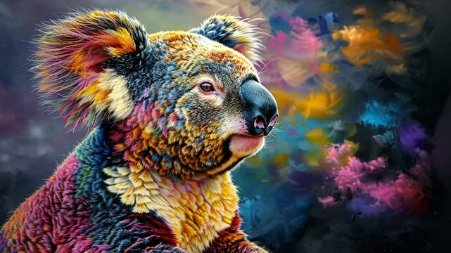 A koala is portrayed with an array of bright colors, surrounded by abstract floral patterns, showcasing the beauty of wildlife in an imaginative style