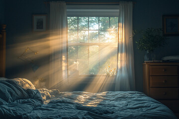 Soft morning light streaming through window in tranquil bedroom