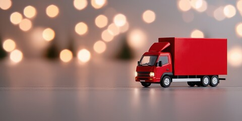 A vibrant red toy truck on a blurred background with lights for a festive feel.