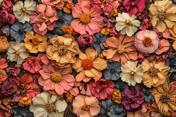 Fototapeta premium Colorful arrangement of dried flowers in various shapes and sizes