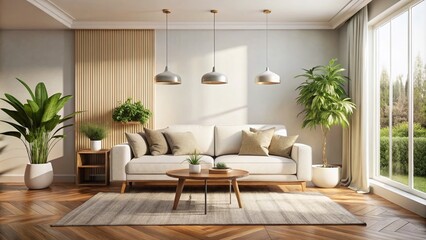 Fototapeta premium Stylish Modern Living Room with White Sofa, Minimal Decor, and Natural Light Creating a Serene Atmosphere in a Bright and Inviting Space for Relaxation and Comfort