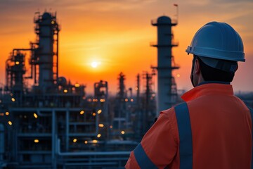 Industrial Worker Silhouetted Against Sunset Over Refinery