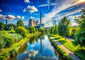 Fototapeta premium Summer Serenity: A Canal Flowing to a Power Plant Surrounded by Lush Greenery and Clear Blue Skies, Showcasing Urban Exploration and Industrial Beauty in Harmony