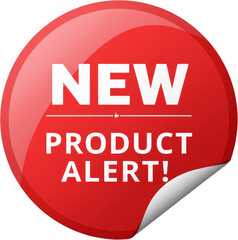 A vibrant red circular sticker with a glossy finish on a transparent background, featuring the word "New Product Alert!" in bold white letters. The corner appears slightly peeled, creating a 3D effect