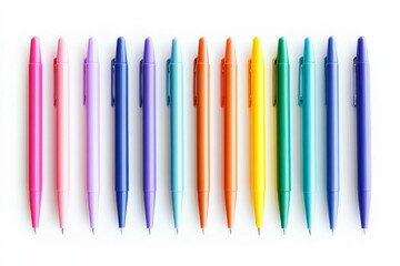 Colorful pens lined up on white background.