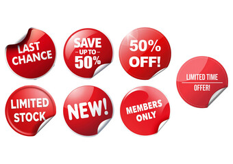 A collection of promotional red stickers with white text. Each sticker highlights sales or special offers, including phrases like "Last Chance," "Save up to 50%," and "Limited Stock."