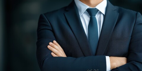 Confident businessman in formal suit with arms crossed against a blurred background.