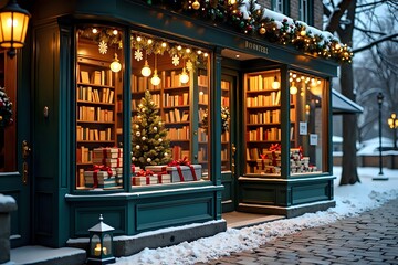 Rustic bookstore decorated for Christmas with garlands, ornaments, and glowing lights, displaying books wrapped as gifts and a small Christmas tree in the window