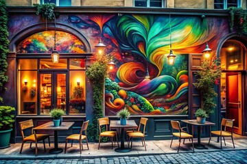 Naklejka premium Surreal Cafe Facade Mockup Featuring a Unique Branding Wall and Artistic Poster Design, Perfect for Showcasing Creative Concepts and Innovative Branding Solutions in the Hospitality Sector