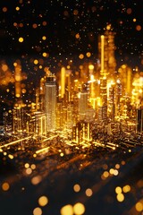 A glowing gold city skyline with light particles on a black background, a futuristic digital technology and architecture concept.