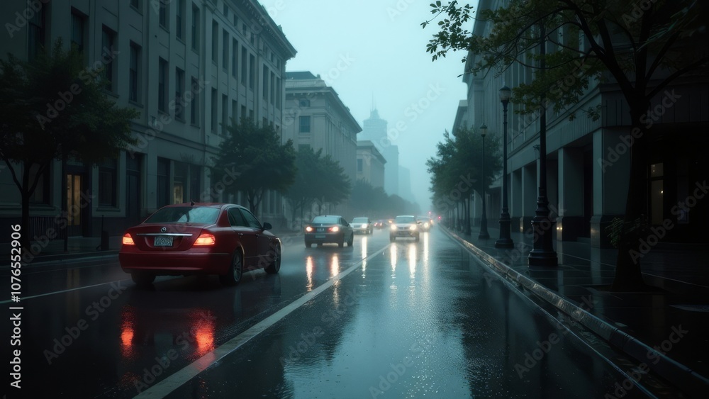 Poster a foggy road with trees in the background