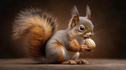 Obraz premium Close-Up of a Cute Squirrel Holding a Peanut, with a Focus on the Detailed Texture of its Fur, Wildlife Photography