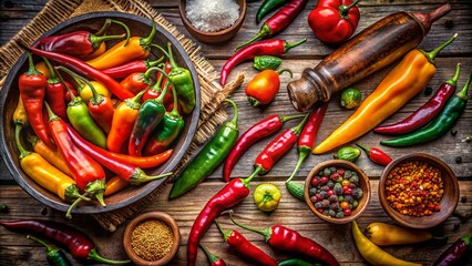 Surreal Composition of Colorful Chili Peppers Surrounded by Exotic Spices on a Rustic Wooden Background Capturing the Essence of Culinary Artistry and Flavorful Ingredients
