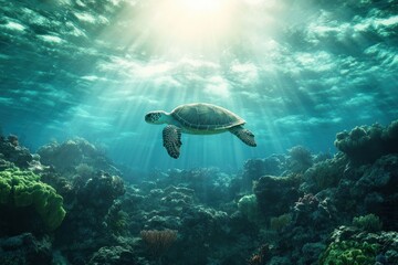 Fototapeta premium Sea Turtle Gracefully Navigates Vibrant Coral Reefs in a Pristine Ocean Habitat, A Symbol of Marine Biodiversity and the Importance of Conservation
