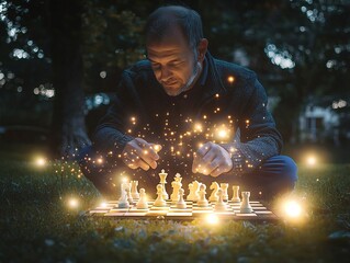 Businessman Immersed in Glowing Chess Game Under Starry Park Lights